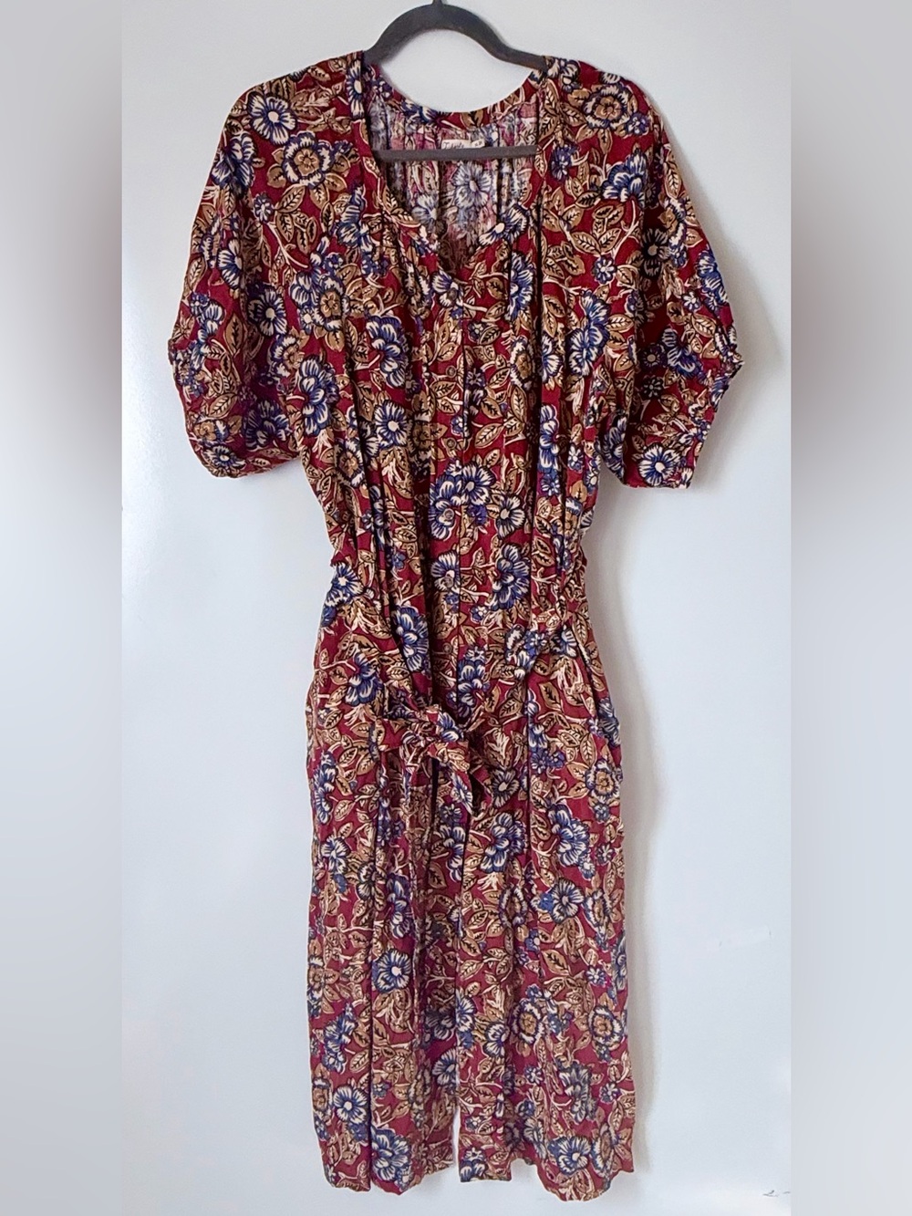 Faherty Burgundy Floral Tie-Waist Midi Dress
